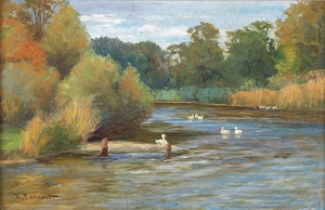 Enten am Weiher [Ducks at the Pond] by Hugo Darnaut [1850–1937]